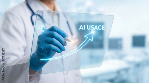 AI usage growth concept in healthcare shown by doctor interacting with digital interface.