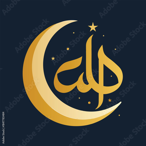 Beautiful golden calligraphy of allah with crescent moon and stars on a dark background