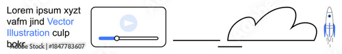 Digital streaming, media technology, data storage, innovation, modern design, creative resources. Styled cloud, rocket and media player elements. Digital streaming and media