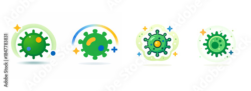 Immune boost microbe icons with sparkles and plus signs: friendly medical cartoon symbols for wellness posts, hygiene education, pediatric health graphics, app interfaces.