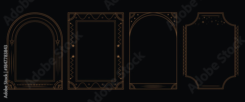 A set of four elegant golden art deco frames on a black background, perfect for esoteric cards, luxury menus, and vintage design invitations