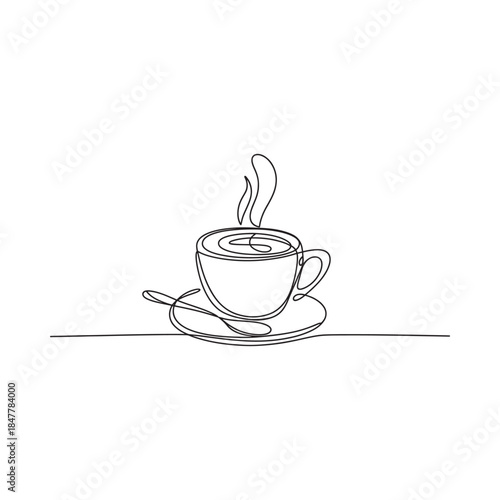 Minimalist continuous line drawing of a steaming coffee cup and saucer