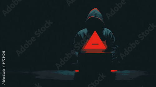 Anonymous figure in hoodie with red triangle symbol using laptop hacker anonymity