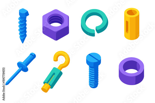 Colorful Construction Fasteners. Construction fasteners flat isometric set: masonry screw, hex nut, spring washer, bolt sleeve, blind rivet, anchor bolt, set screw, spacer ring.