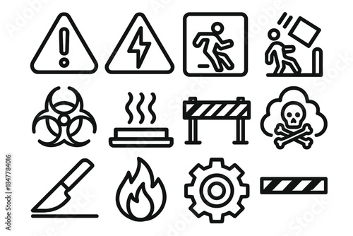 Safety Icons Collection. Safety Hazard Indicators linear set: warning triangle, high voltage sign, slippery floor icon, falling objects symbol, biohazard mark, hot surface icon, no