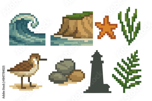 Seaside Pixel Icons. Seaside environment collection set of icons in flat pixel vector style: rolling surf, coastal bluff, starfish, kelp strand, shorebird, pebble cluster,