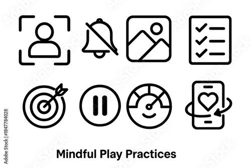 Digital Mindfulness Icons. Mindful Play Practices linear set: focus mode symbol, muted notifications, calming backdrop, task checklist, goal tracker, pause button, mood meter,