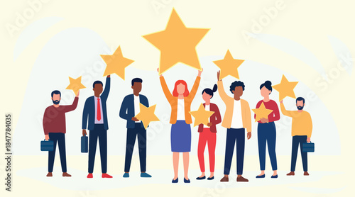 A diverse group of happy people holding five golden stars, symbolizing excellent customer feedback and satisfaction ratings for business goals