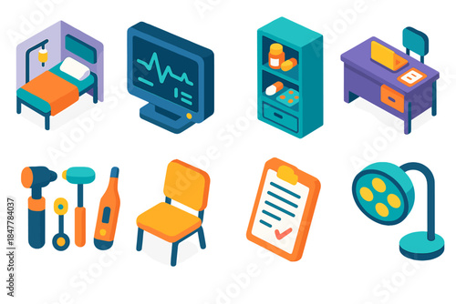 Care Facility Icons. Care Facility Icons isometric flat set: patient room layout, clinical monitor, medication cabinet, triage desk, examination tools set, waiting room chair, care