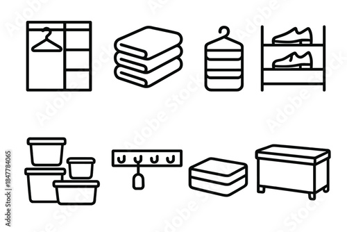 Organized Home Essentials. Home Storage Set linear set: closet organizer, folded towels, shoe rack, hanging caddy, clear containers, entryway hooks, small-item tray, storage bench.