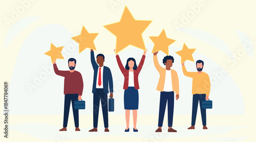 A team of people proudly displaying giant golden stars, representing positive client feedback and high service ranking achievements