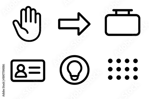 Sign Language Icons. Sign Communication Elements linear set: open palm, cue arrow, notice sign, info card, visual cue symbol, interaction dot grid.