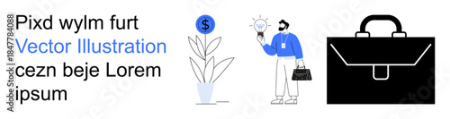 Business growth, innovation, career development, entrepreneurship, financial planning, creative ideas. A money plant with a dollar symbol, a person holding a lightbulb briefcase graphic. Business