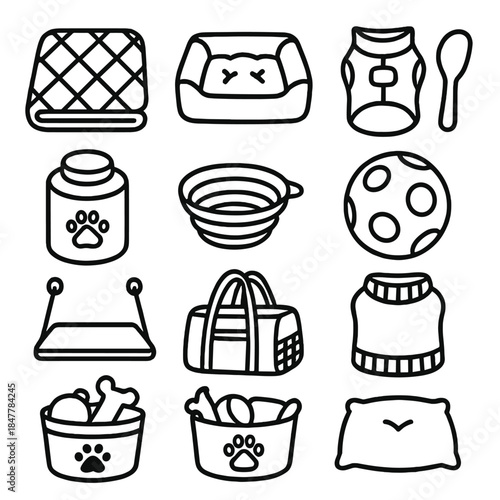 Pet Comfort Essentials. Everyday Pet Comfort Gear linear set: padded blanket, soft crate liner, calming vest, gentle brush, food storage jar, collapsible bowl, enrichment ball,