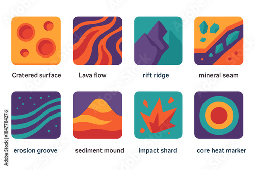 Vibrant Extraterrestrial Landscape Icons. Extraterrestrial terrain evolution flat set: cratered surface tile, lava flow band, rift ridge icon, mineral seam block, erosion groove