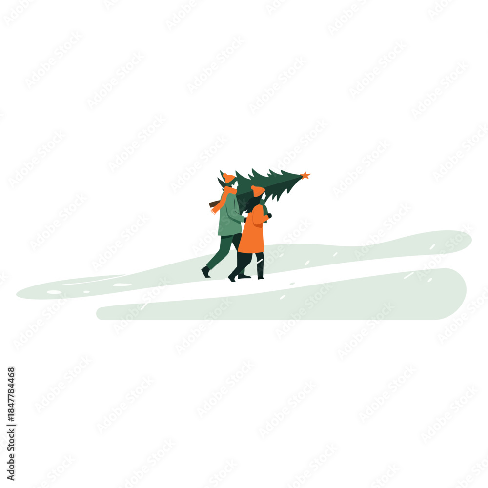 Naklejka premium Couple carrying a Christmas tree in the snow, celebrating the festive season