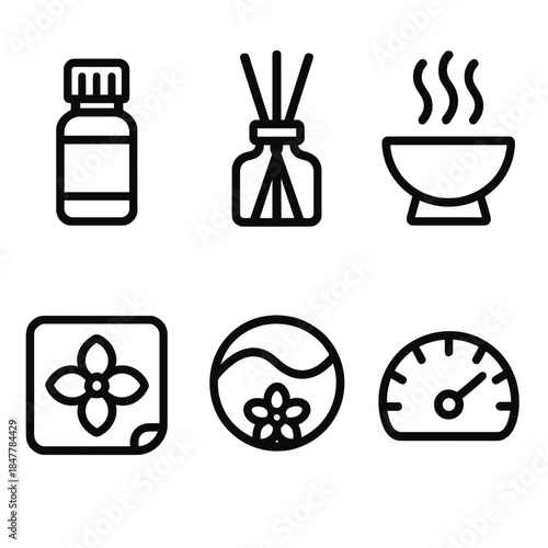 Aromatic Icon Set. Holistic Aroma Essentials linear set: essential oil jar, diffuser reed bundle, herbal steam icon, floral scent tile, aroma field ring, harmony gauge.