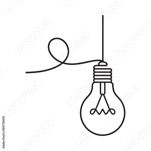 A simple line drawing depicts a hanging light bulb with a swirling filament
