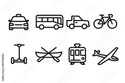 Transport Icons Collection. Multi-Mode Transport Icons linear set: ride-share car, highway coach, pickup truck, urban bike, light rail, hover scooter, rowboat, glider aircraft.