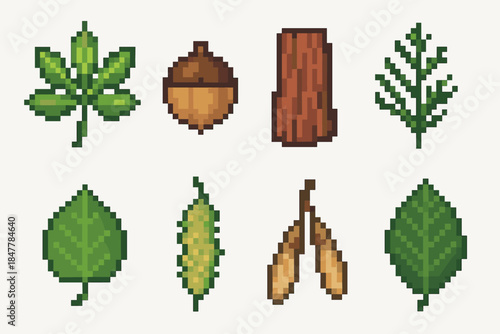 Tree Icon Set. Temperate Tree Selection set of icons in flat pixel vector style: chestnut leaf, hickory nut, redwood bark slice, cypress sprig, poplar leaf, willow catkin, ash seed
