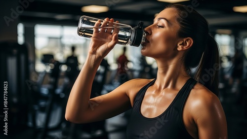 A woman is seen sipping from a bottle of water, indicating her focus on health and wellness while exercising.
