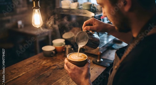 A close-up of a barista pouring a stream of steamed milk into a cup in a dimly lit, rustic coffee shop, with steam rising and a focus on the art of preparation.