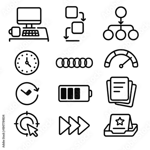 Efficient Work Icons. Efficient Work Systems linear set: organized desk layout, sequential steps icon, workflow chart, effort allocation gauge, break timer, consistency chain,