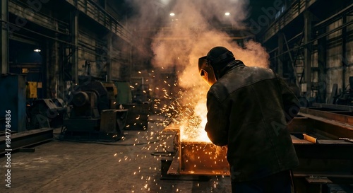 A gritty, cinematic shot of a welder working in a dark industrial factory, with bright orange sparks flying and illuminating the protective mask and smoke.