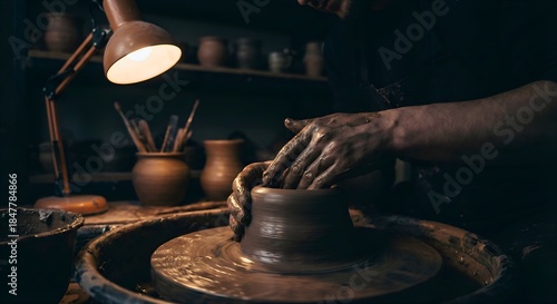 An atmospheric portrait of a ceramic artist’s hands shaping clay on a spinning wheel, surrounded by darkness with a warm light highlighting the texture of the wet earth and creative motion.