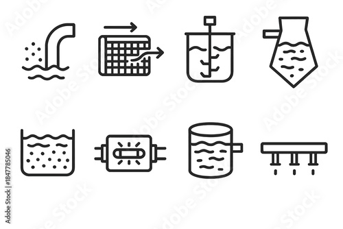 Water System Diagram. Water System Components linear set: raw water inlet, screen filter, flocculation mixer, settling tank, sand filter bed, UV unit, clearwell reservoir,