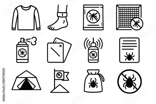 Insect Protection Icons. Mosquito & Tick Protection Set linear set: long-sleeve gear, ankle guard strap, repellent wipes, screened window, area fogger can, protective tarp, insect