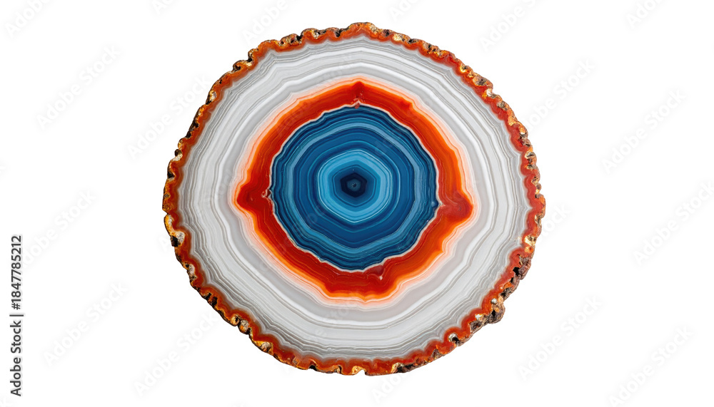 Fototapeta premium Close-up of a cut stone, showcasing concentric layers of diverse colors and textures, creating a mesmerizing pattern against black