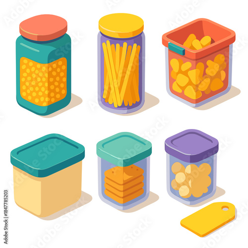 Colorful Pantry Containers. Pantry Organization Vessels flat isometric set: grain canister, pasta jar, snack bin, bulk storage tub, modular container, content label tag.