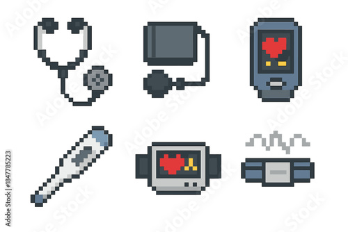 Vital Signs Icons. Medical Devices for Vital Signs set of icons in flat pixel vector style: stethoscope, blood pressure cuff, pulse oximeter, thermometer, heart-rate monitor,