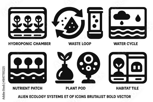 Extraterrestrial Icon Set. Extraterrestrial ecological systems silhouette set: hydroponic chamber tile, waste loop node, oxygen bar, water cycle strip, nutrient patch, plant pod,