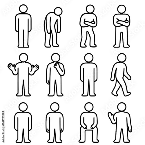 Body Language Icons. Nonverbal Expression Elements linear set: upright stance, slouched posture, attentive lean, defensive arms, expressive hands, curious tilt, focused gaze,