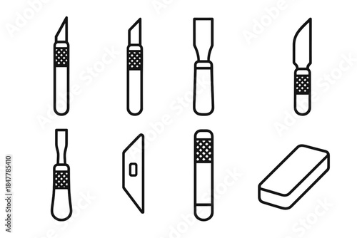 Artisan Blade Icon Set. Artisan blade set linear set: fine-tip knife, sculpting cutter, beveled blade, slicing tool, carving gouge, blade guard, handle grip, honing stone.