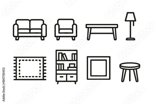 Outline Furniture Icons. Furniture & décor essentials set linear set: sofa, armchair, coffee table, floor lamp, bookshelf, area rug, wall art frame, side table.