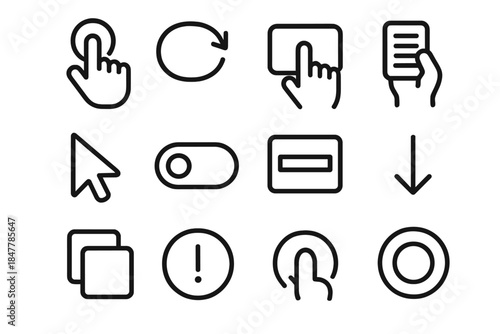 Interactive Icon Set. Interactive Behavior Set linear set: press icon, swipe loop, hover field, drag grip, selection pointer, toggle pad, highlight stripe, scroll arrow, expand