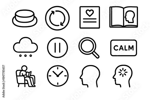 Mindfulness Icon Collection. Mental Clarity Practices linear set: meditation cushion, breathing circle, gratitude note, reflection journal, thought cloud clearing, mindful pause