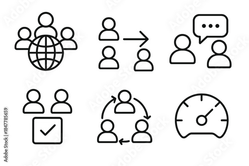 Teamwork Icon Cluster. Distributed Team Networks linear set: global node cluster, workflow arrow, communication bubble, shared task tile, coordination ring, performance gauge.