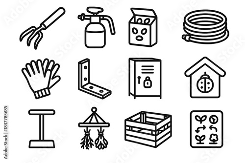 Gardening Essentials Icons. Neighborhood Gardening Set linear set: hand cultivator, garden sprayer, seed organizer tin, drip-line hose, garden gloves pair, raised bed corner