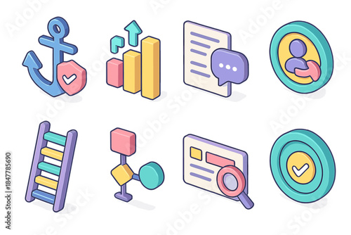 Community Management Icons. Structured Community Management flat isometric set: policy anchor icon, protocol sequence bar, guideline card, role-bound action token, consensus ladder