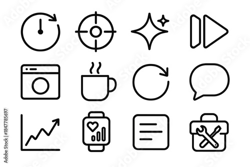 Efficiency Icons Set. Efficiency & Adaptability Tools linear set: timer circle, focus target icon, productivity spark, pause-and-shift symbol, minimal distraction screen,