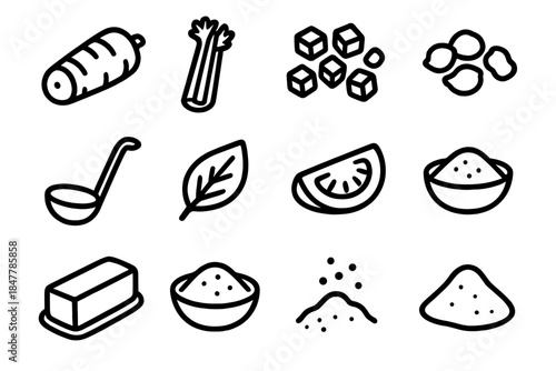 Cooking Essentials Icons. Cooking Starter Elements linear set: carrot piece, celery stalk, diced onion, minced garlic, stock ladle, herb leaf, tomato chunk, spice bowl, butter