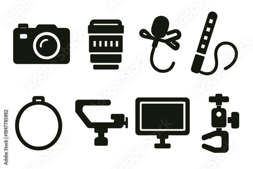 Brutalist Photography Icons. Creative Capture Kit silhouette set: compact camera, macro lens, lapel mic, RGB light wand, mini reflector, shoulder rig, portable monitor, clamp mount