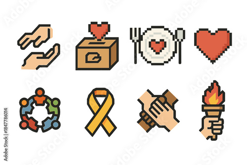 Charity Unity Icons. Charity and Unity set of icons in flat pixel vector style: helping hands, donation box, shared meal plate, heart symbol, community circle, support ribbon,