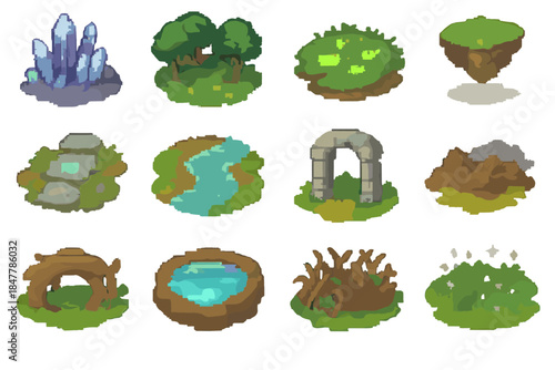 Fantasy Terrain Icons Set. Fantasy Terrain Elements set of icons in flat pixel vector style: crystal cavern floor, enchanted forest clearing, glowing moss patch, floating rock isle