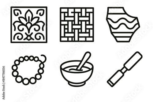 Craft Heritage Icons. Art & Craft Heritage Elements linear set: carved motif, woven pattern, pottery shard, bead string, dye bowl, hand-tool chisel.