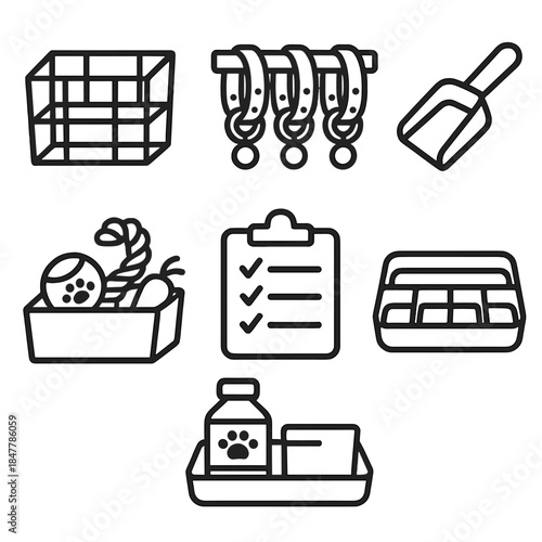 Pet Supply Essentials. Pet Supply Management linear set: divider box, collar rack, portion scoop, toy bin, care checklist, organizer tray.